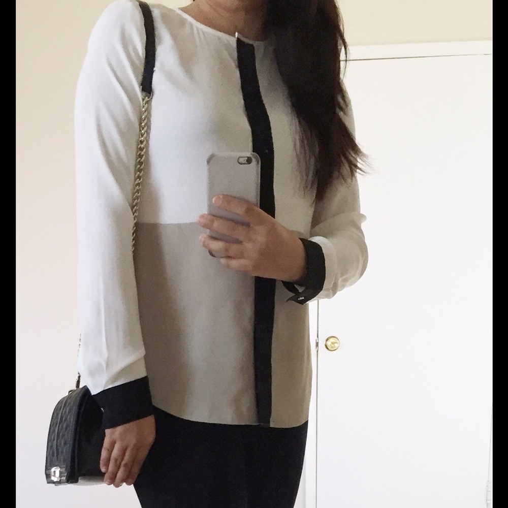 Ann Taylor White and Black Colorblock Long-Sleeve Blouse